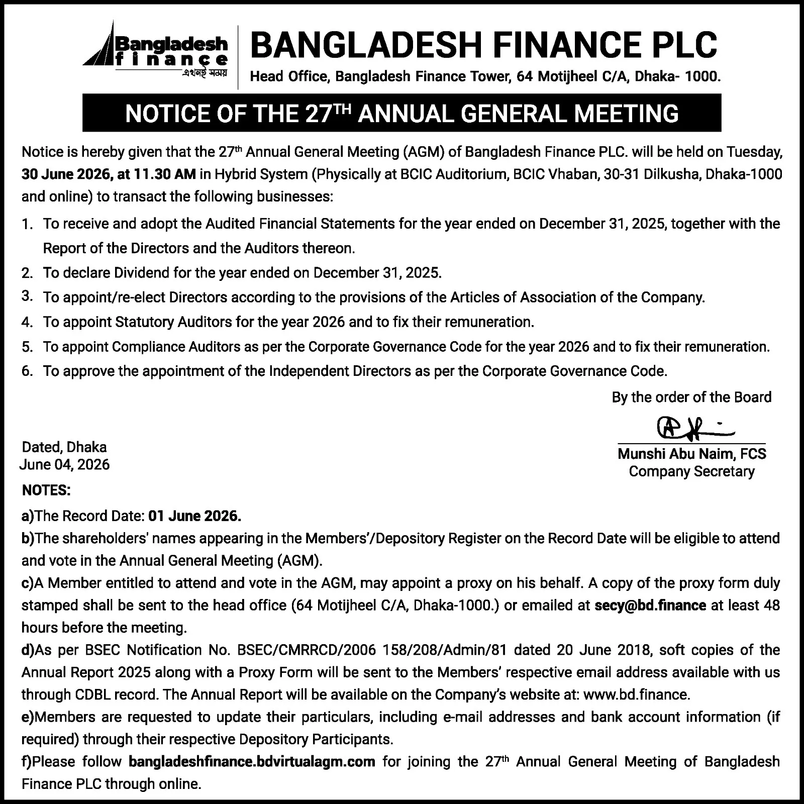 Notice of the Annual General Meeting 2026 of Bangladesh Finance PLC