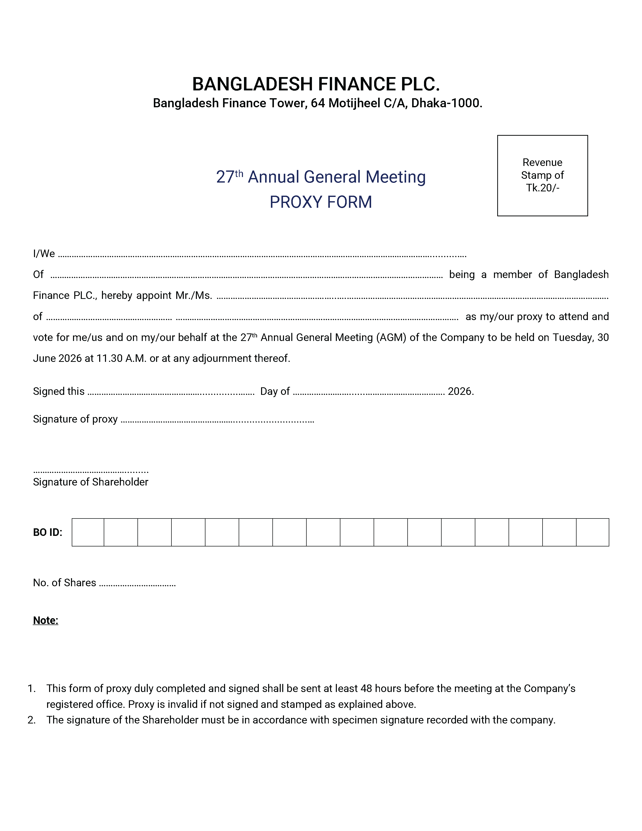 Proxy form for the 27th Annual General Meeting of Bangladesh Finance PLC